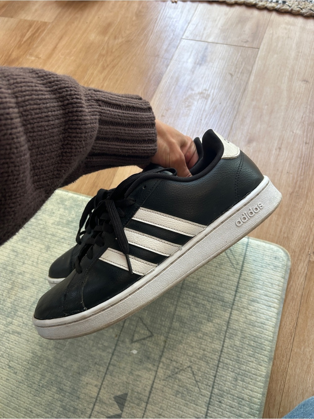 adidas Black Leather Sneaker with White Stripes